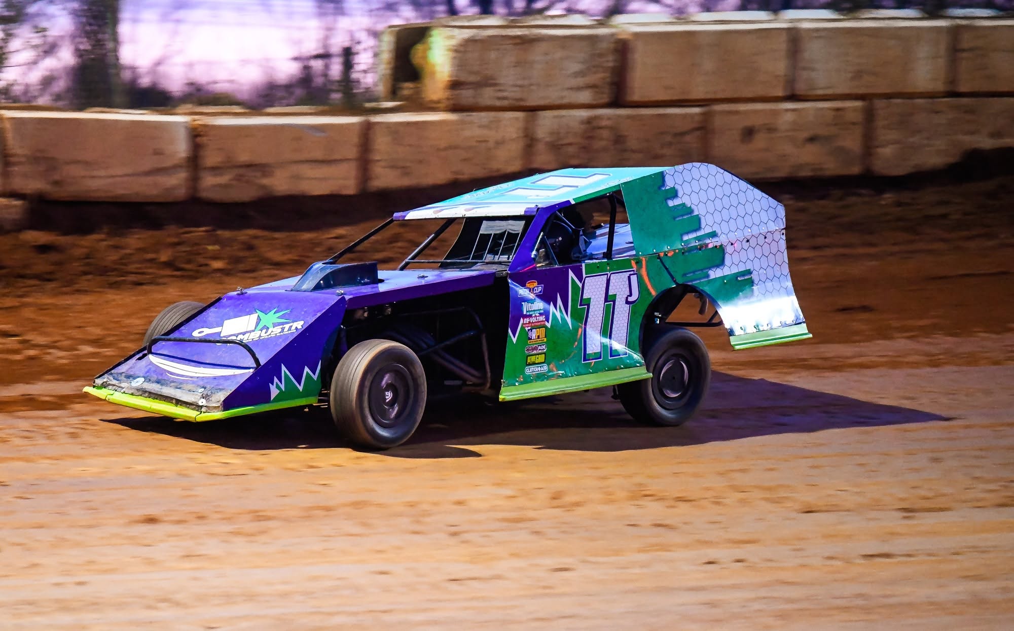 Ryan Johnston's #11J Econo Modified racing at night